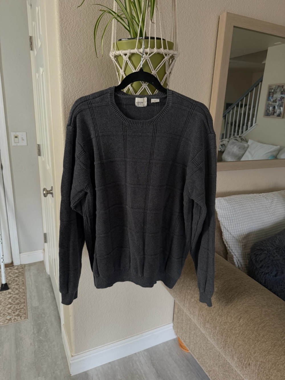 Arrow Men's Dark Gray Textured Crewneck Sweater 100% Cotton